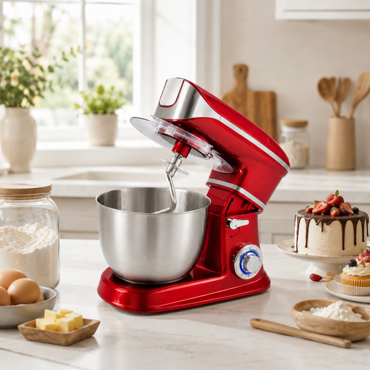 Robot bucatarie Royalty Line rosu  1900 W, 6.5 l, 6 viteze, bol inox, 3 palete incluse