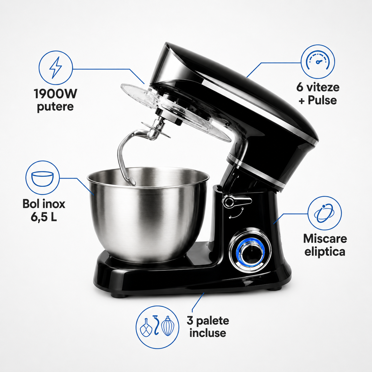 Royalty Line - Black Robot de Cuisine 1900W, Bol 6,5L, Inox