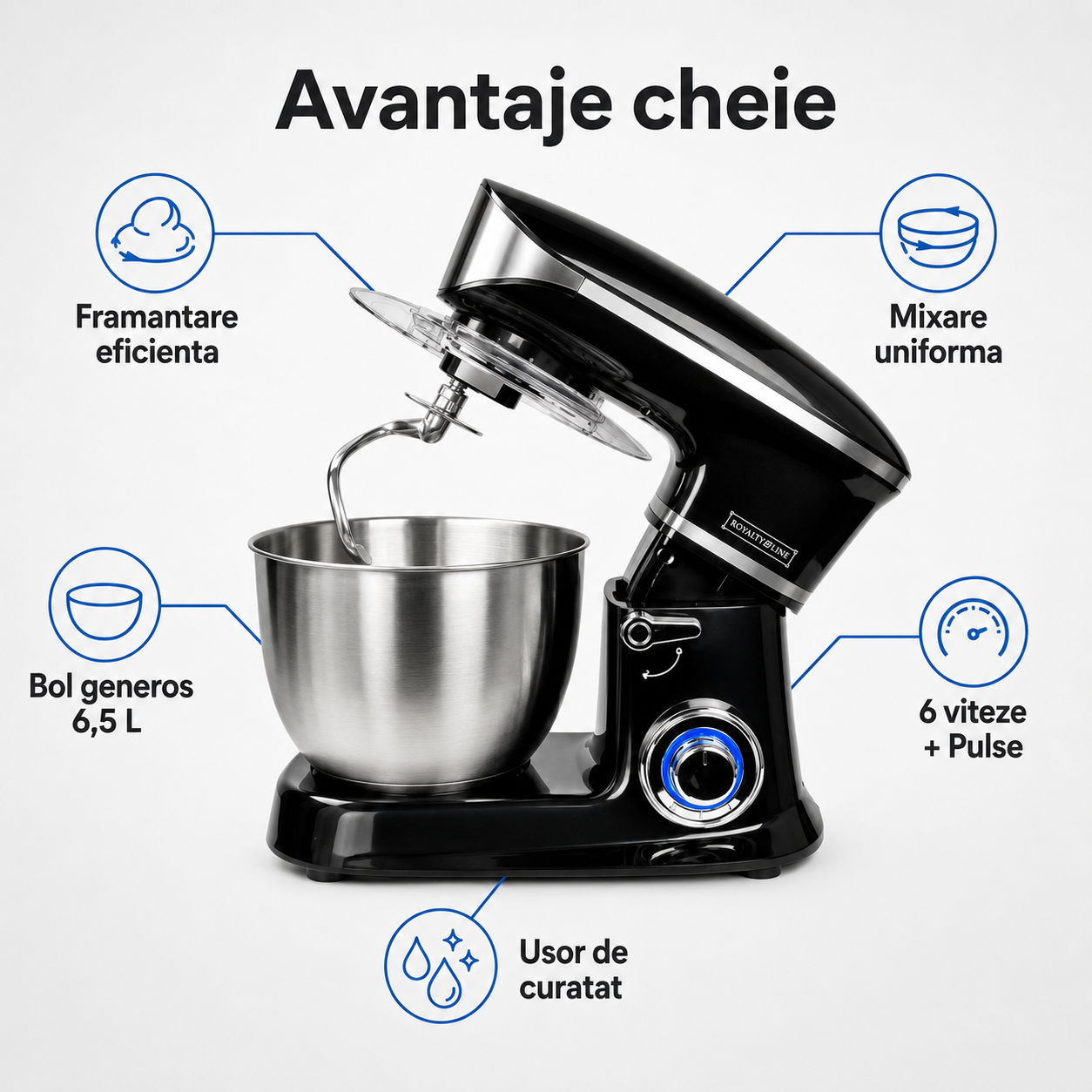 Royalty Line - Black Robot de Cuisine 1900W, Bol 6,5L, Inox