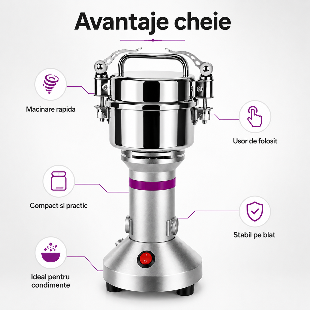 Rasnita Electrica Profesionala Royalty Line 150g, 850W, Inox, pentru Cafea si Condimente