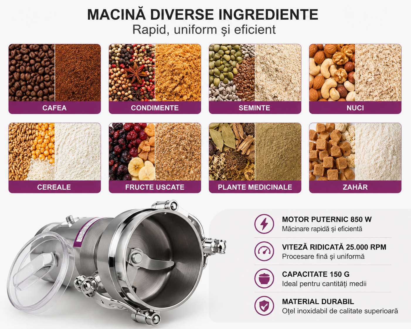 Royalty Line – Moara multifunctionala / macinator, 850 W, capacitate 150 g