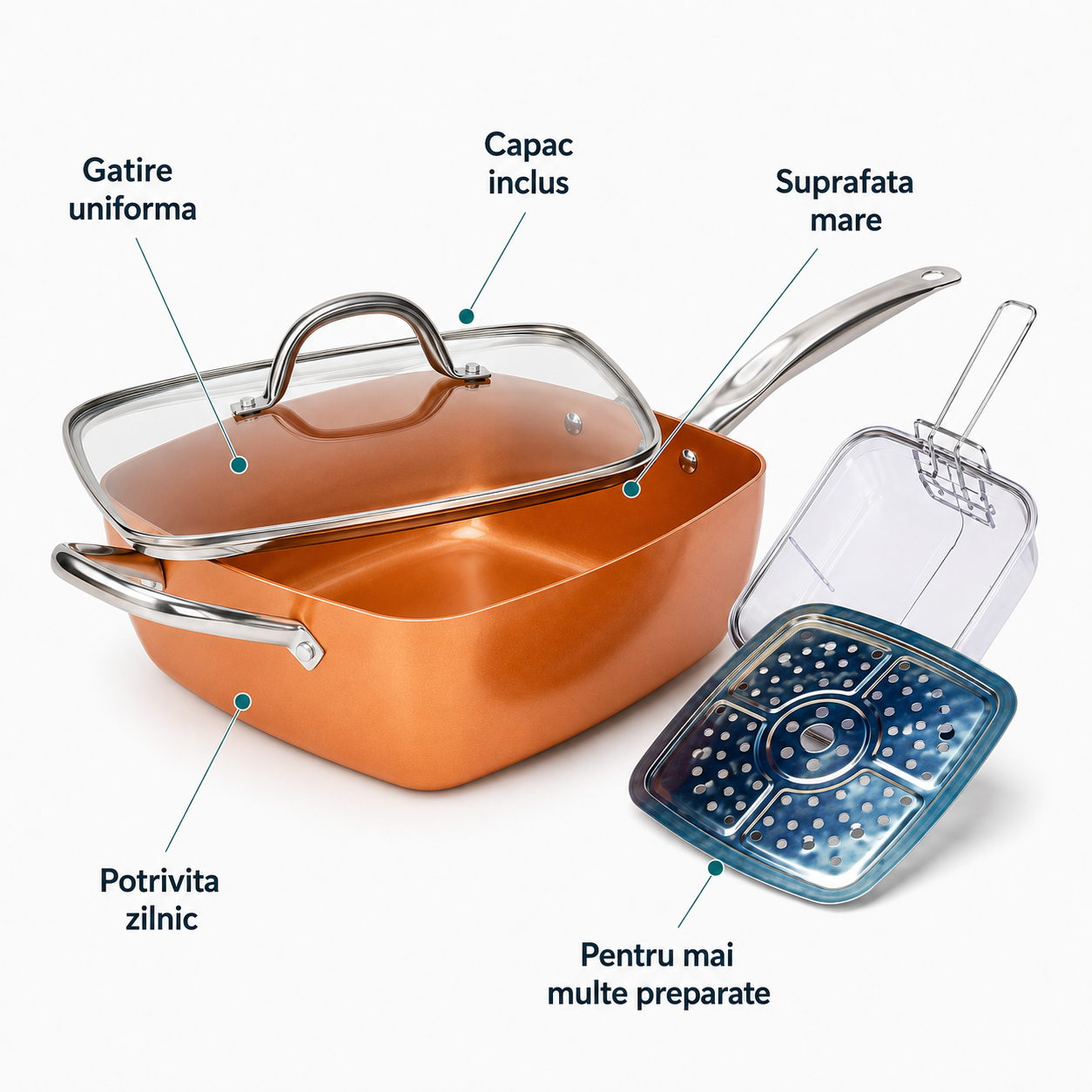 Tigaie patrata multifunctionala 24x24 cm, antiaderenta, compatibila inductie