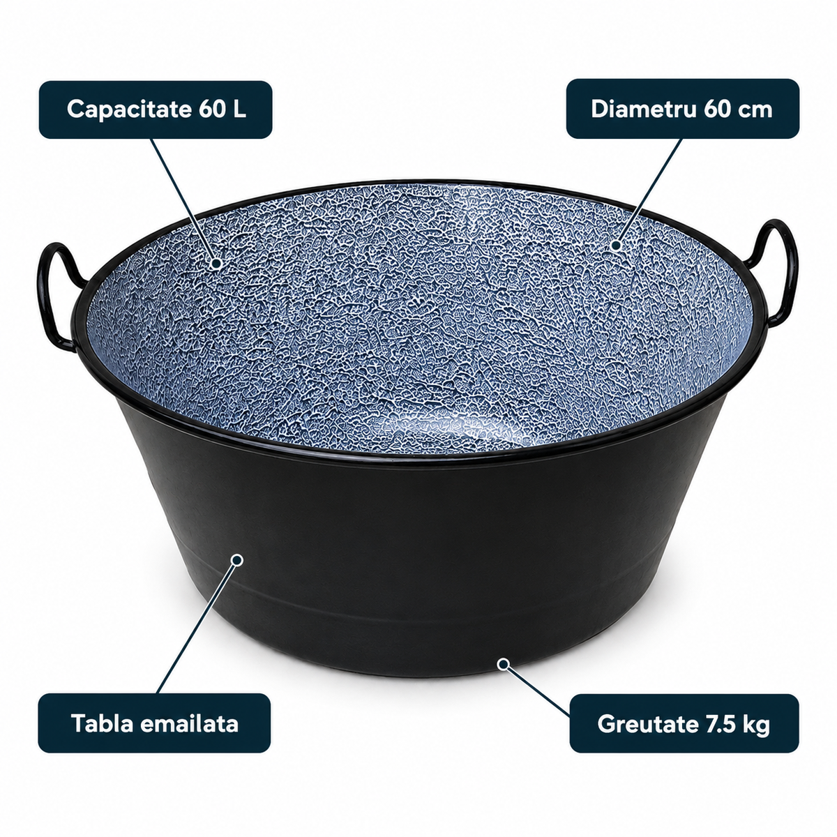 Ceaun Emailat 60L din Tabla, 60 cm, cu Urechi Laterale