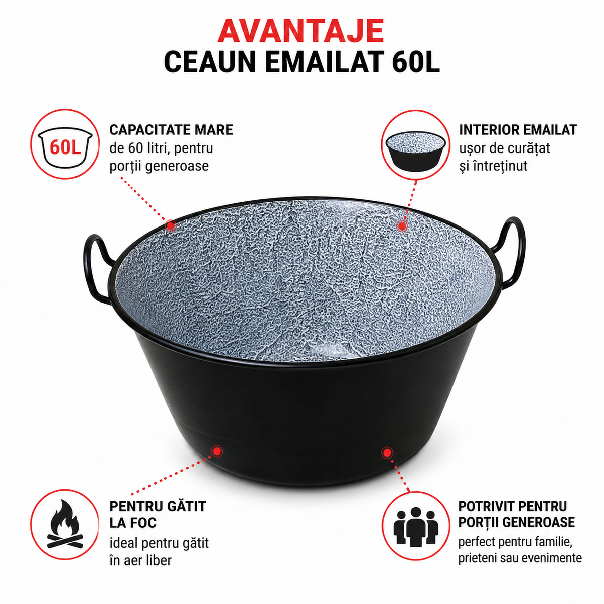 Ceaun Emailat 60L din Tabla, 60 cm, cu Urechi Laterale