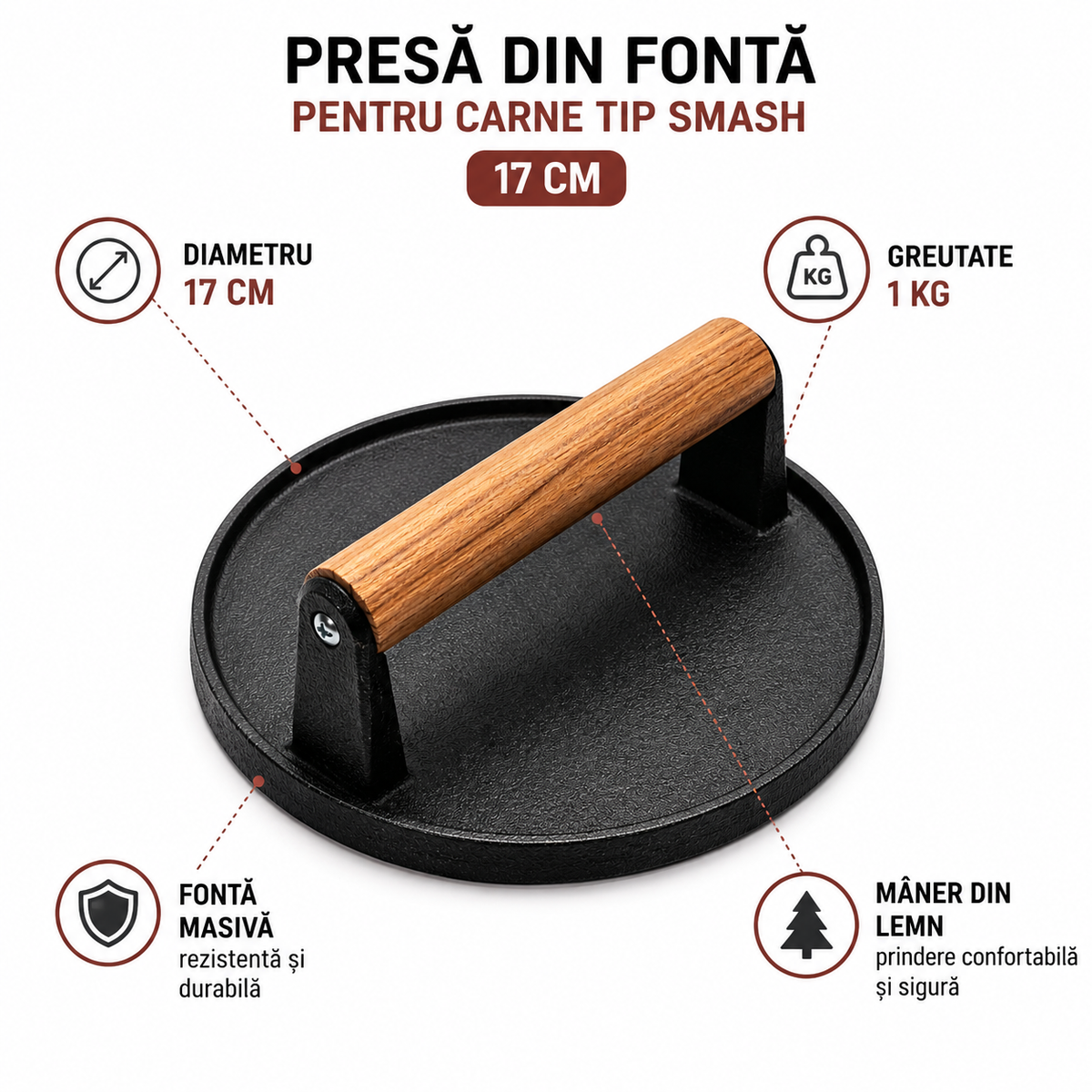 Presa din Fonta pentru Smash Burger 17 cm cu Maner din Lemn