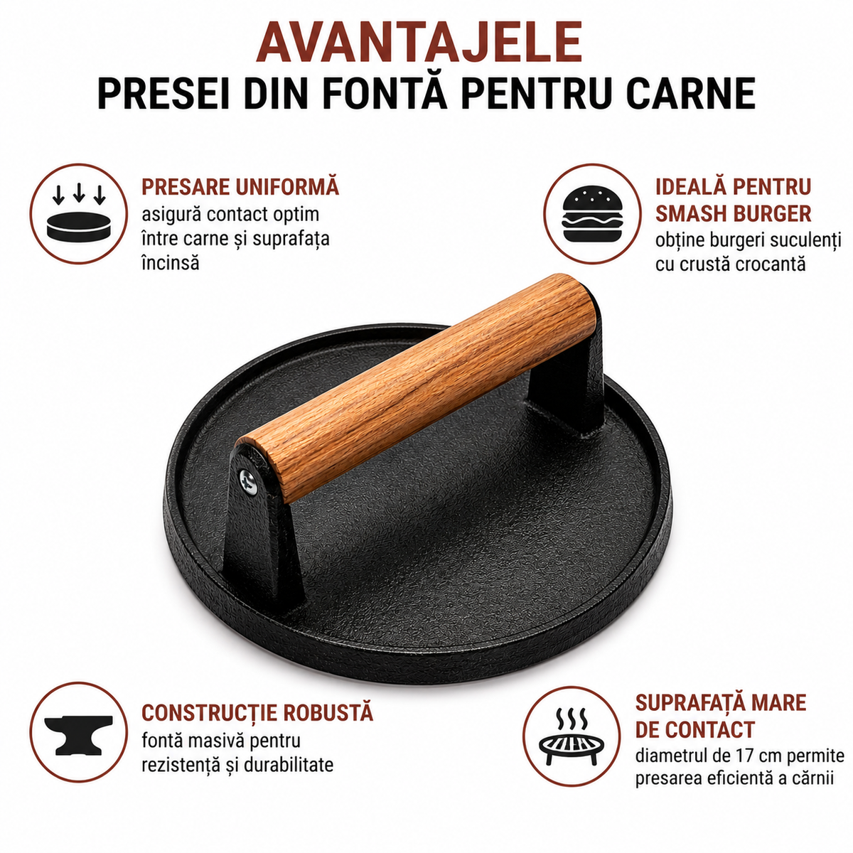 Presa din Fonta pentru Smash Burger 17 cm cu Maner din Lemn