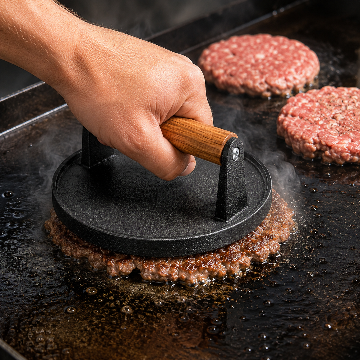 Presa din Fonta pentru Smash Burger 17 cm cu Maner din Lemn