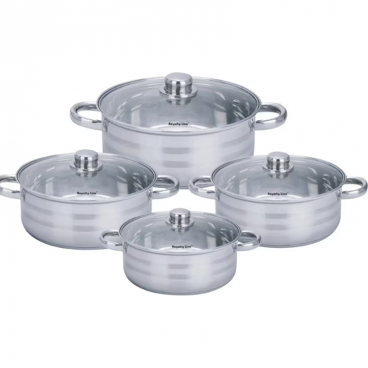 Set 4 cratite inox cu capace Royalty Line  4.5L, 5.8L, 7.3L, 9.1L