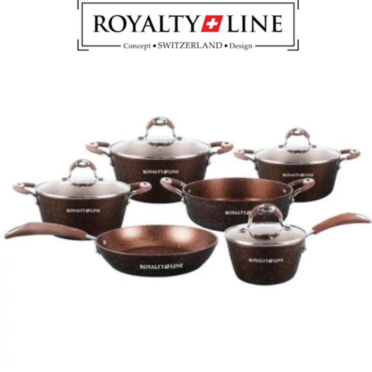 Set de vase de gatit Royalty Line 10 piese, cu capace din sticla si invelis din marmura