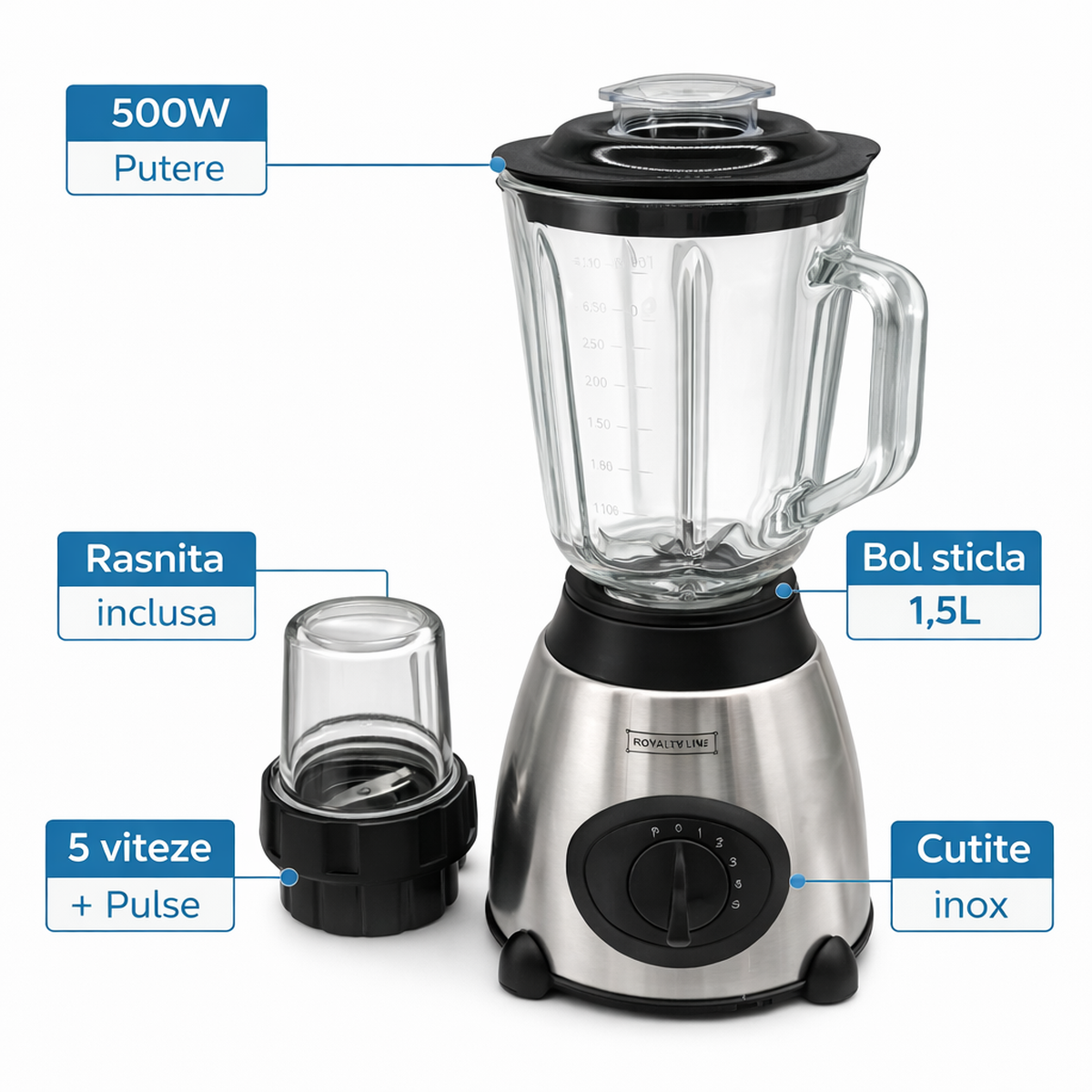 Blender 500W cu Bol Sticla 1.5L si Rasnita Cafea, 5 Viteze + Pulse