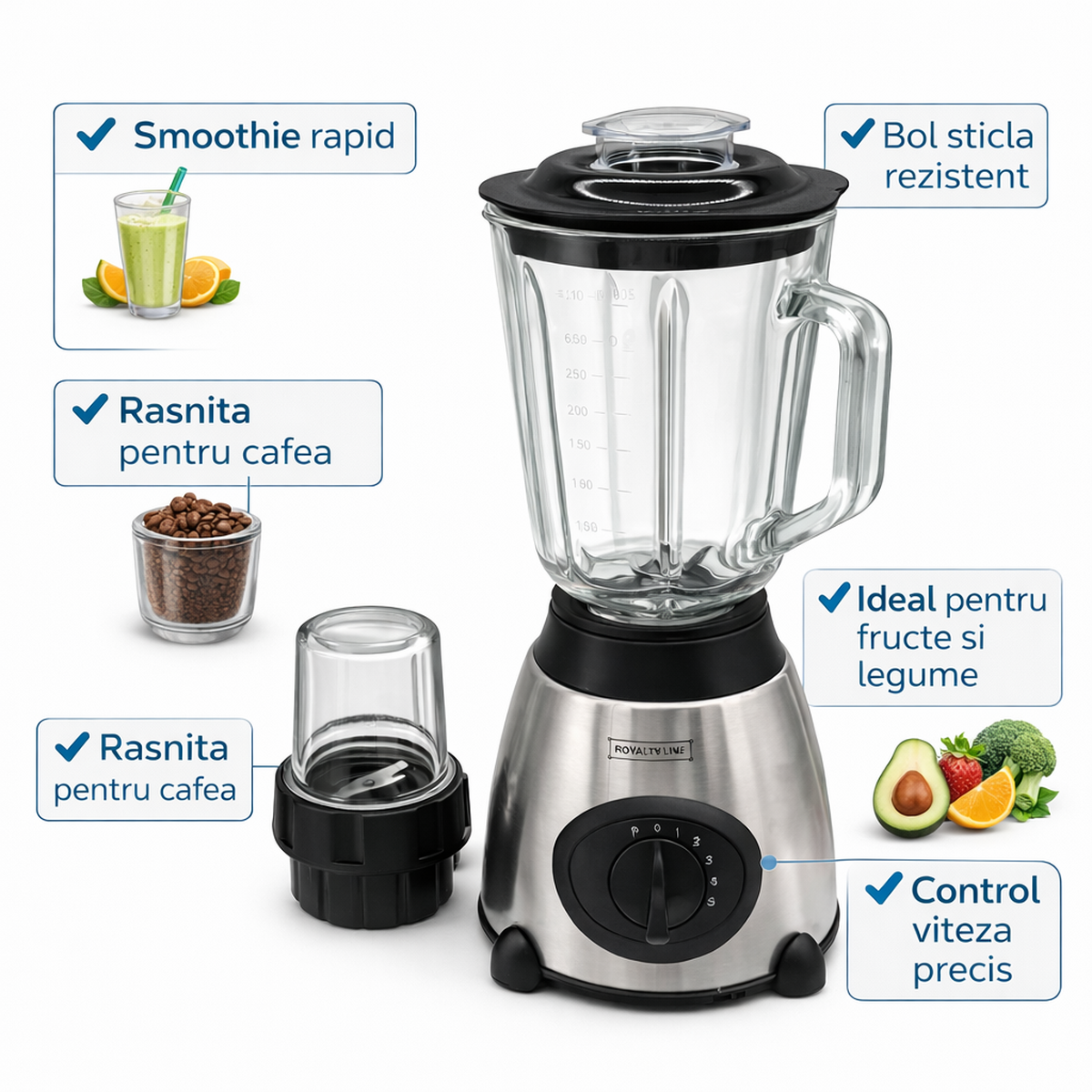 Blender 500W cu Bol Sticla 1.5L si Rasnita Cafea, 5 Viteze + Pulse