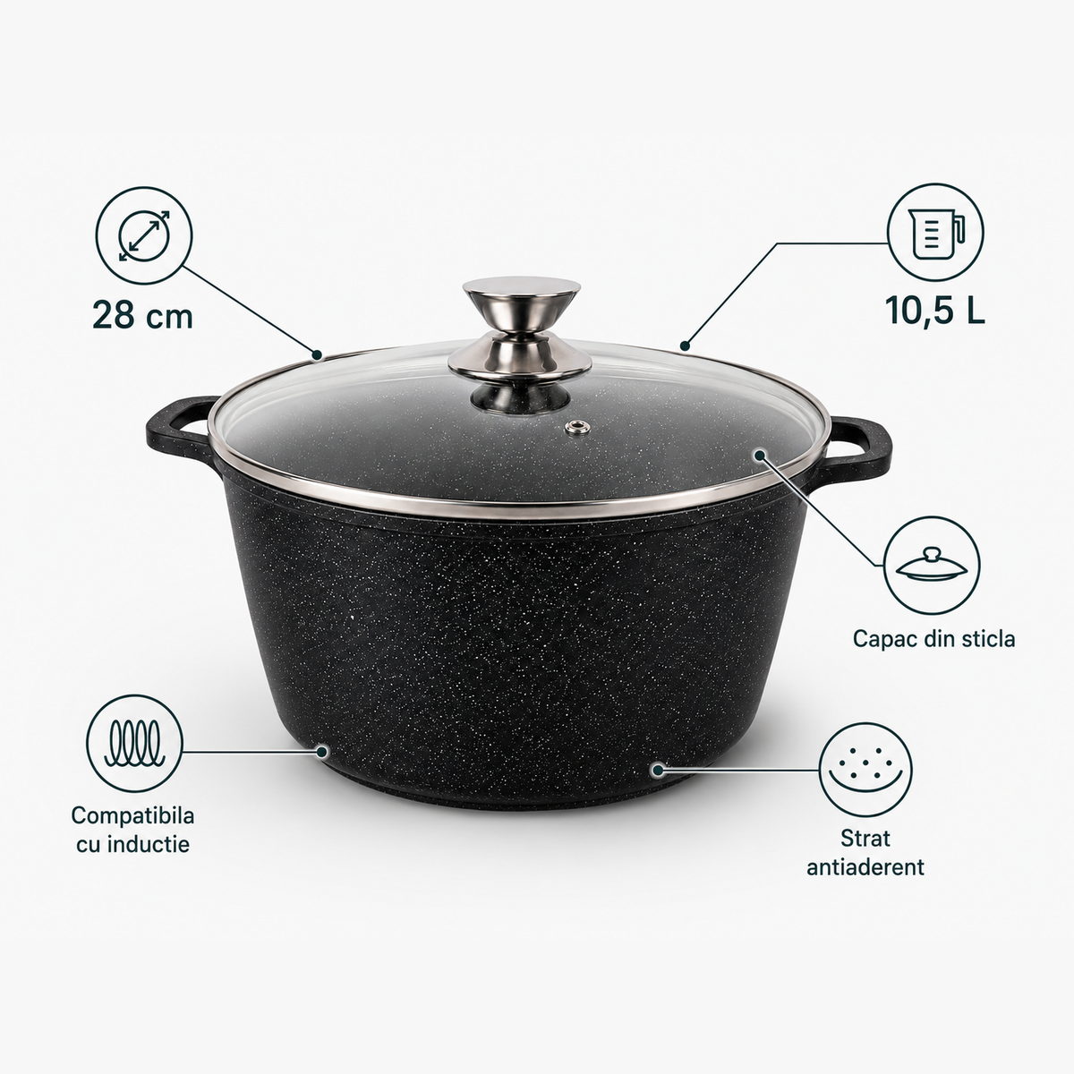 Oala Marmorata 28 cm, 10.5L, cu Capac Sticla Termorezistenta