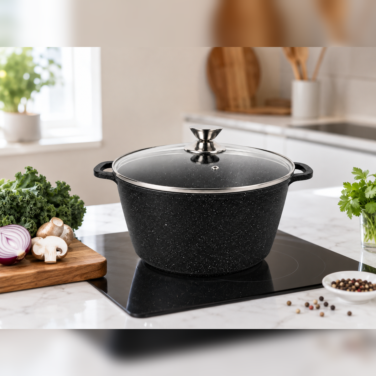 Oala Marmorata 28 cm, 10.5L, cu Capac Sticla Termorezistenta