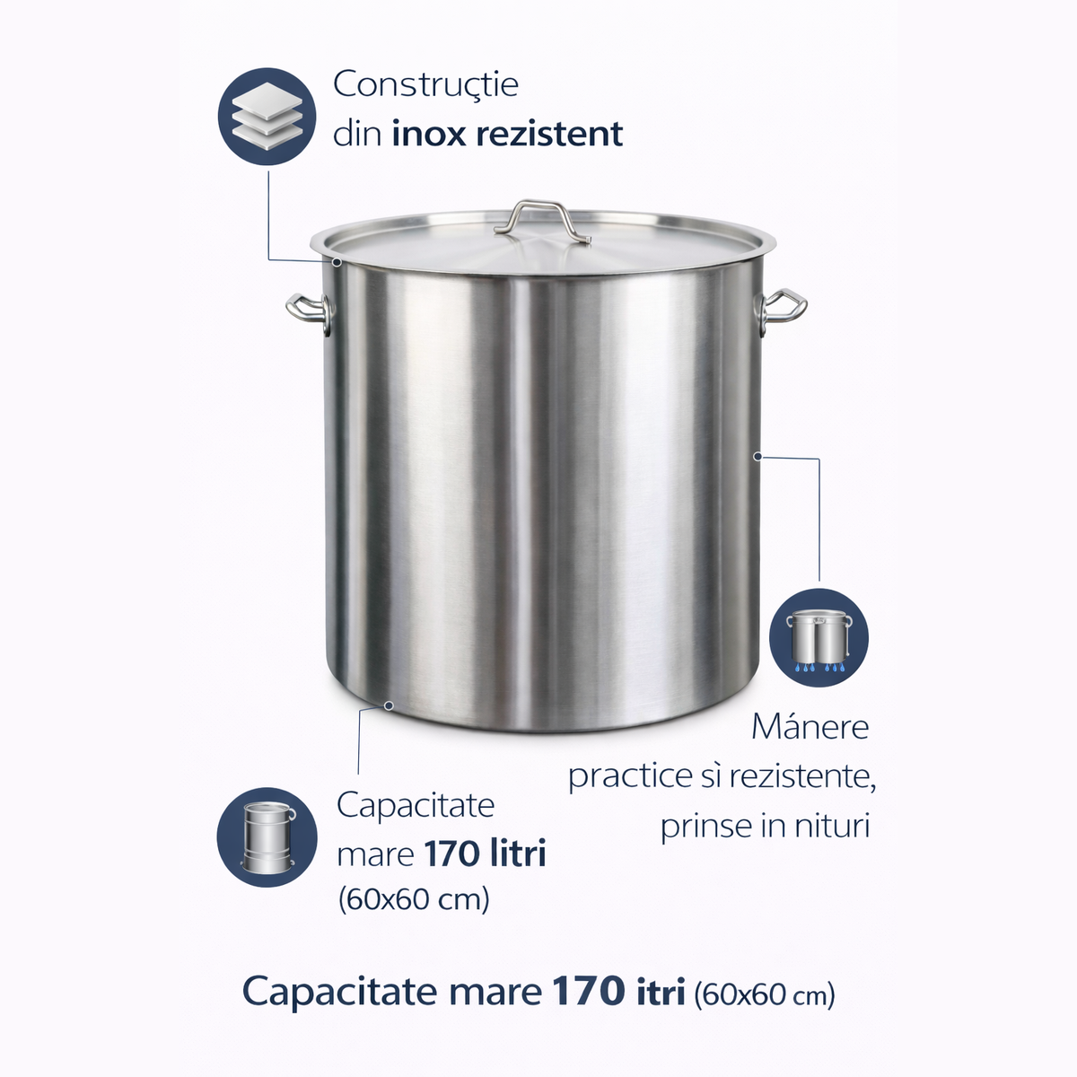 Oala Profesionala Inox 170L, 60x60 cm, Capac Inclus, Horeca