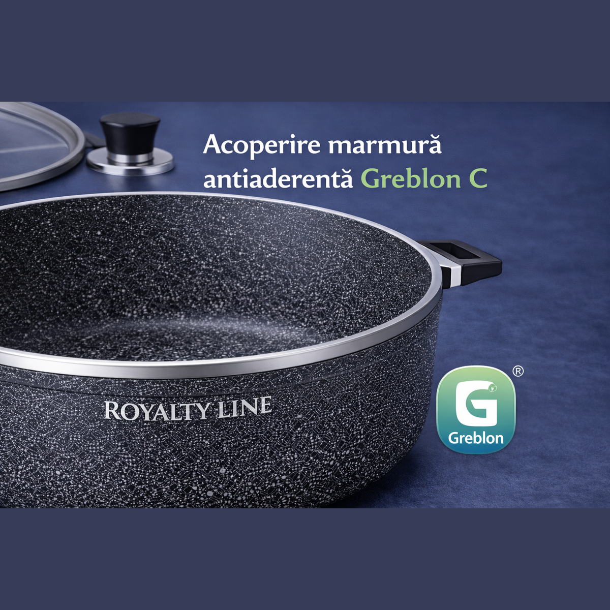 Oala din Aluminiu Turnat 44 cm, 24L, Acoperire Marmura, Capac Sticla, Royalty Line