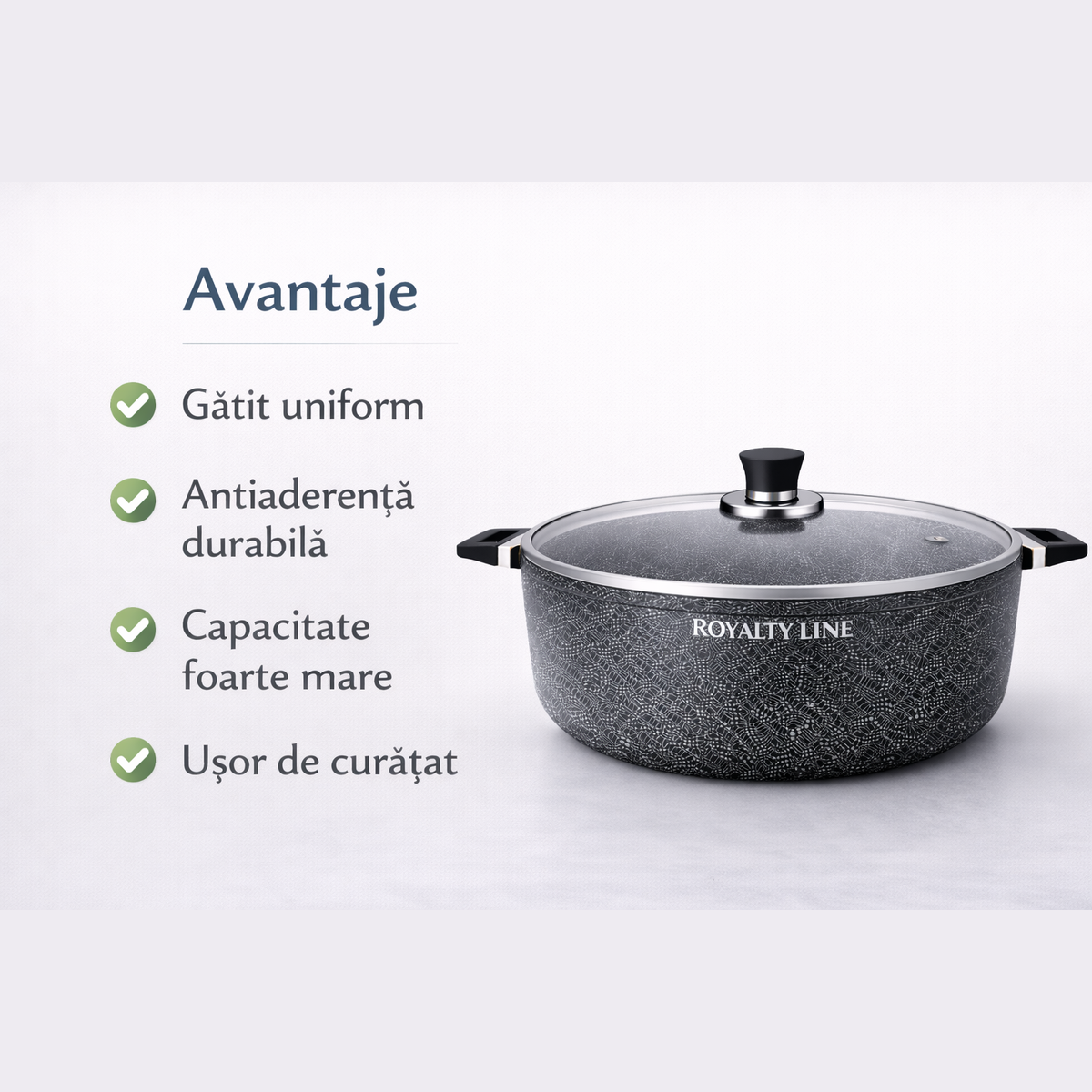 Oala din Aluminiu Turnat 44 cm, 24L, Acoperire Marmura, Capac Sticla, Royalty Line