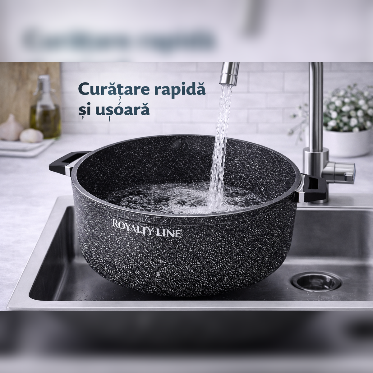 Oala din Aluminiu Turnat 44 cm, 24L, Acoperire Marmura, Capac Sticla, Royalty Line