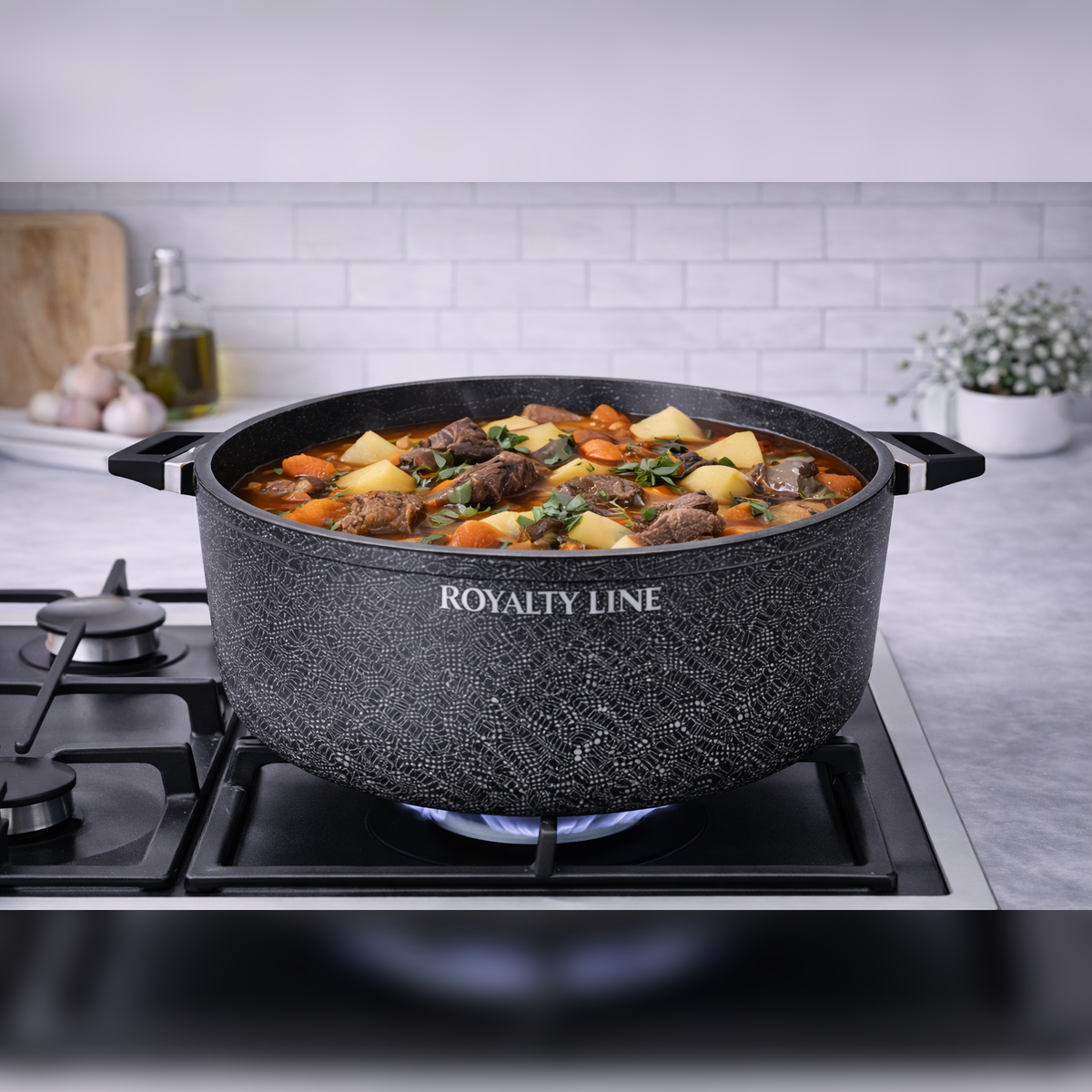 Oala din Aluminiu Turnat 44 cm, 24L, Acoperire Marmura, Capac Sticla, Royalty Line