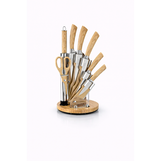 Set Cutite Bucatarie Royalty Line Professional, 8 Piese, Inox, Suport Rotativ, Aspect Lemn Deschis