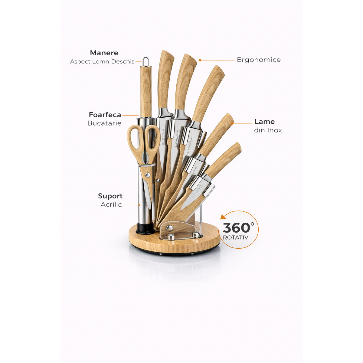 Set Cutite Bucatarie Royalty Line Professional, 8 Piese, Inox, Suport Rotativ, Aspect Lemn Deschis