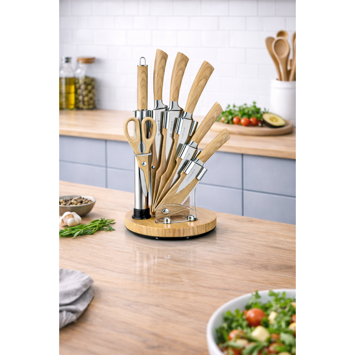 Set Cutite Bucatarie Royalty Line Professional, 8 Piese, Inox, Suport Rotativ, Aspect Lemn Deschis