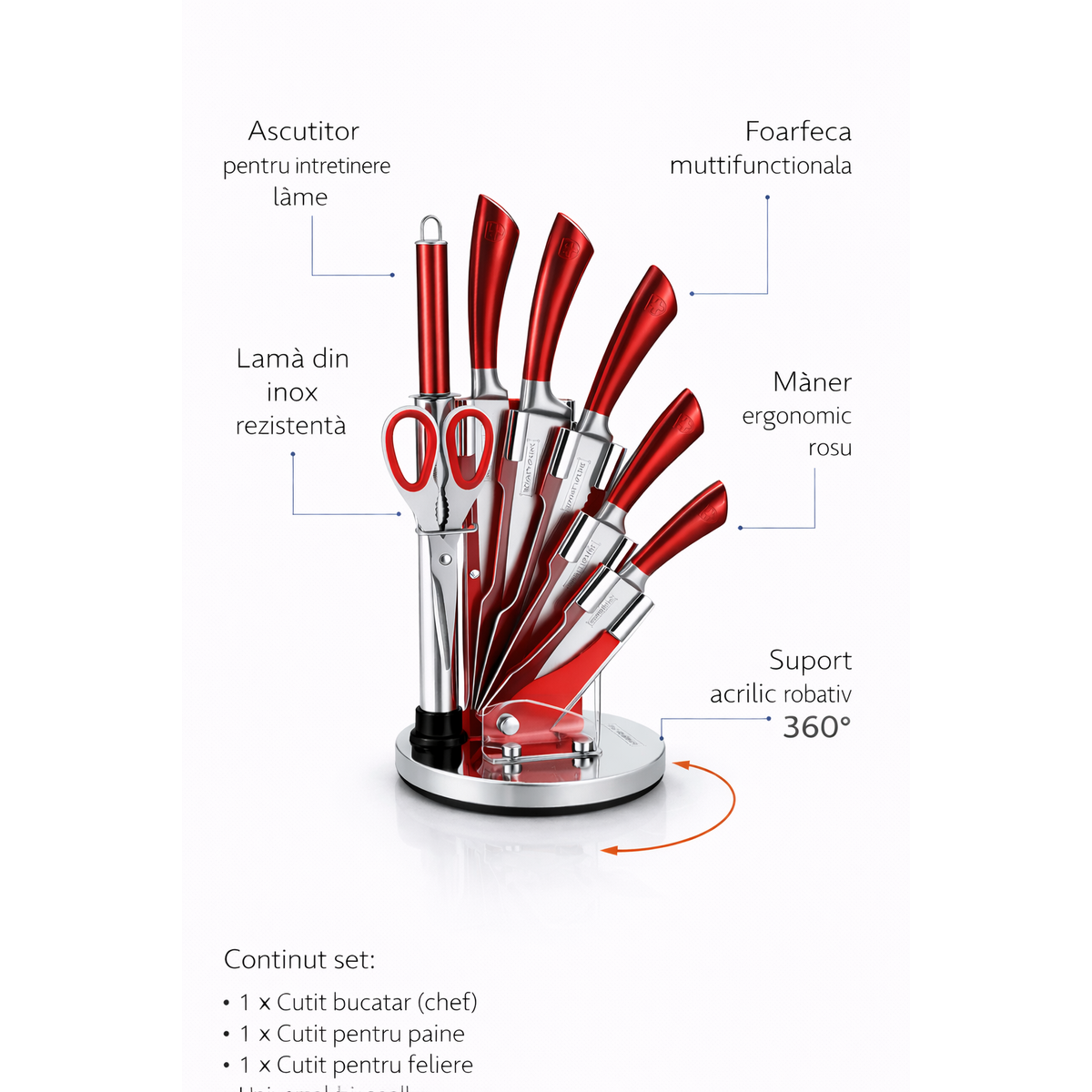 Set Cutite Bucatarie Royalty Line, 8 Piese, Inox, Suport Rotativ 360°