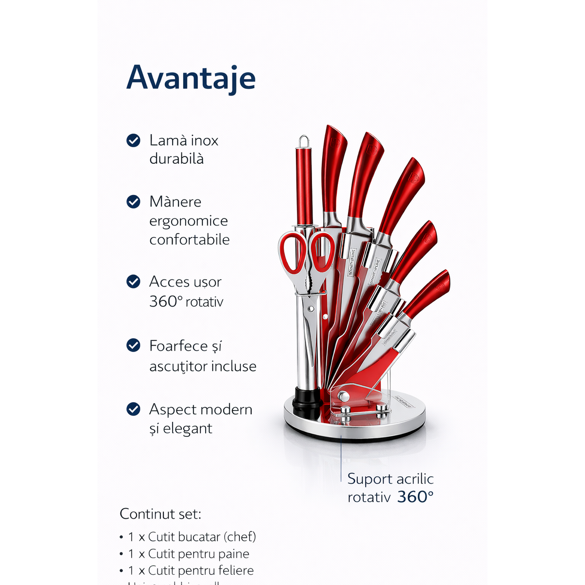 Set Cutite Bucatarie Royalty Line, 8 Piese, Inox, Suport Rotativ 360°