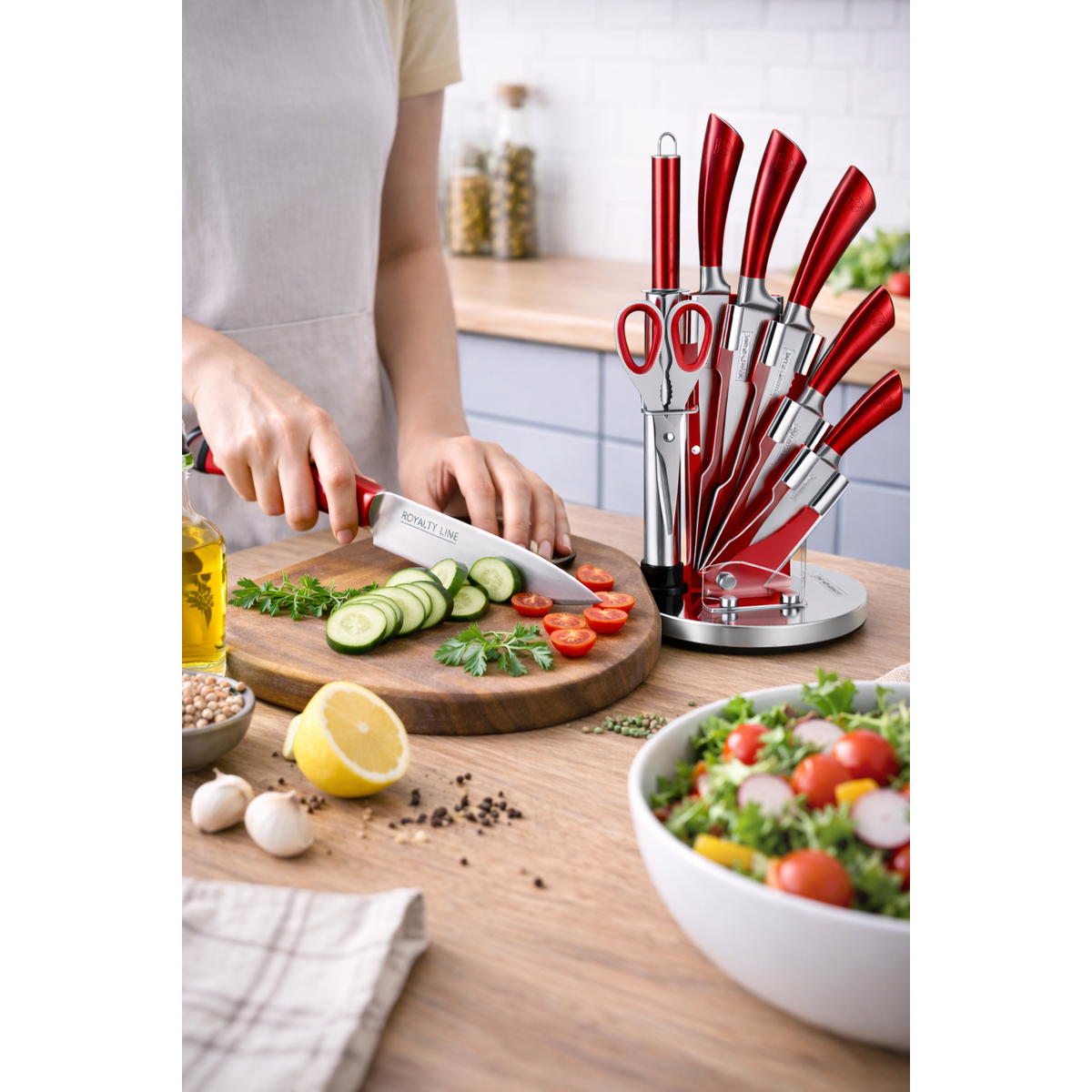 Set Cutite Bucatarie Royalty Line, 8 Piese, Inox, Suport Rotativ 360°
