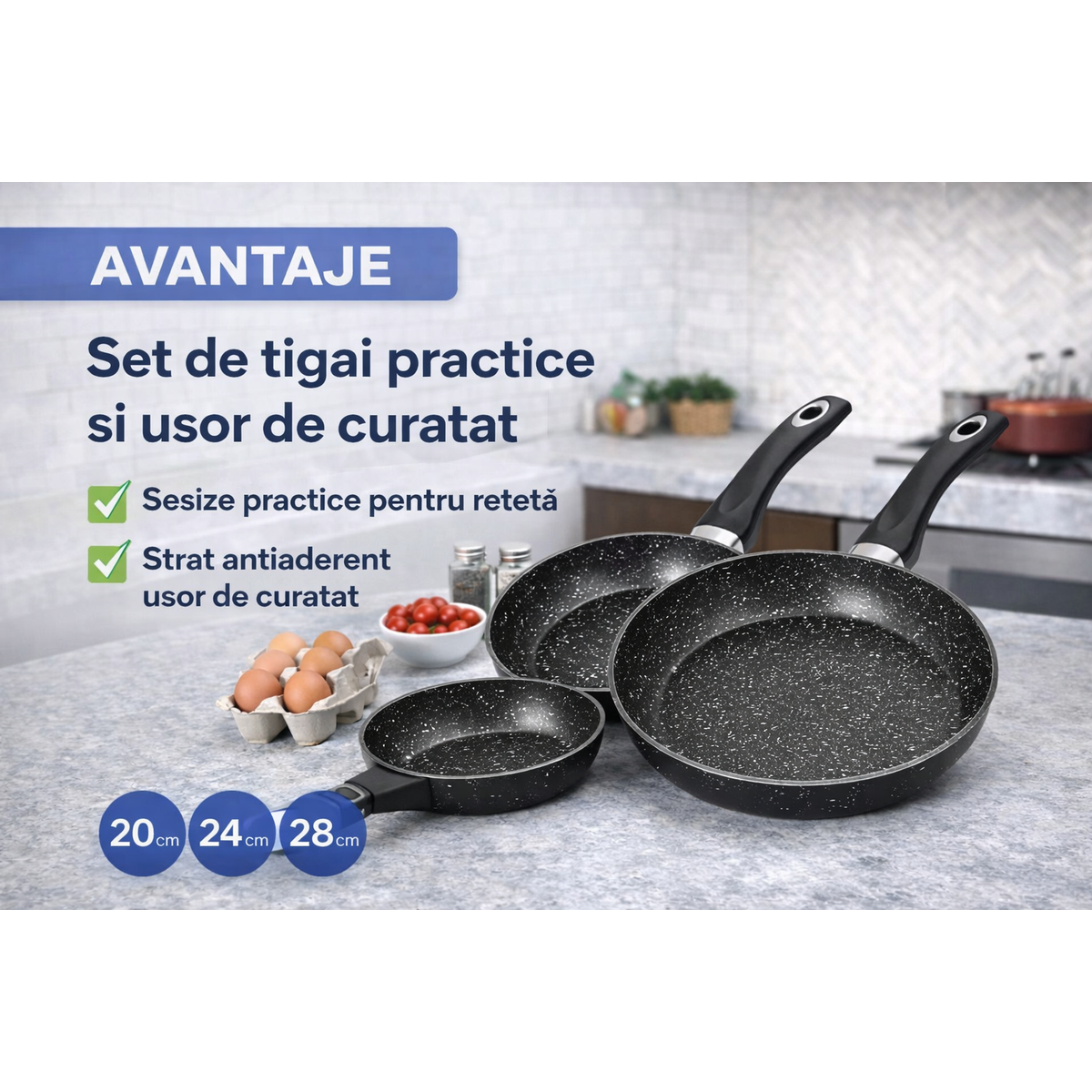 Set Tigai Royalty Line 20 cm, 24 cm, 28 cm, Antiaderente, Finisaj Marmorat