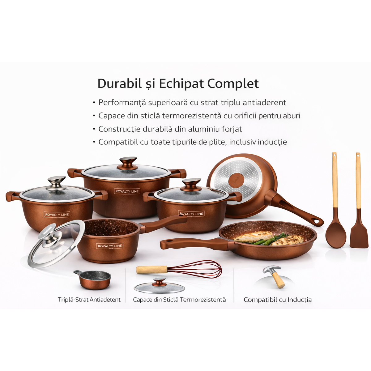 Set Vase de Gatit Royalty Line, 14 Piese, Marmura Antiaderenta, Inductie,Maro
