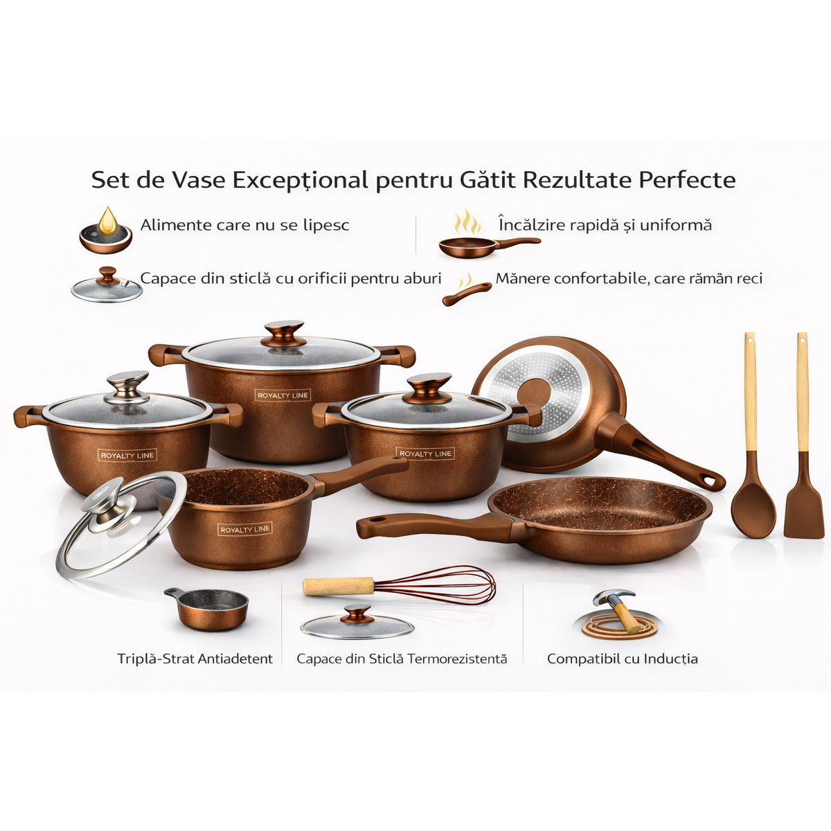 Set Vase de Gatit Royalty Line, 14 Piese, Marmura Antiaderenta, Inductie,Maro