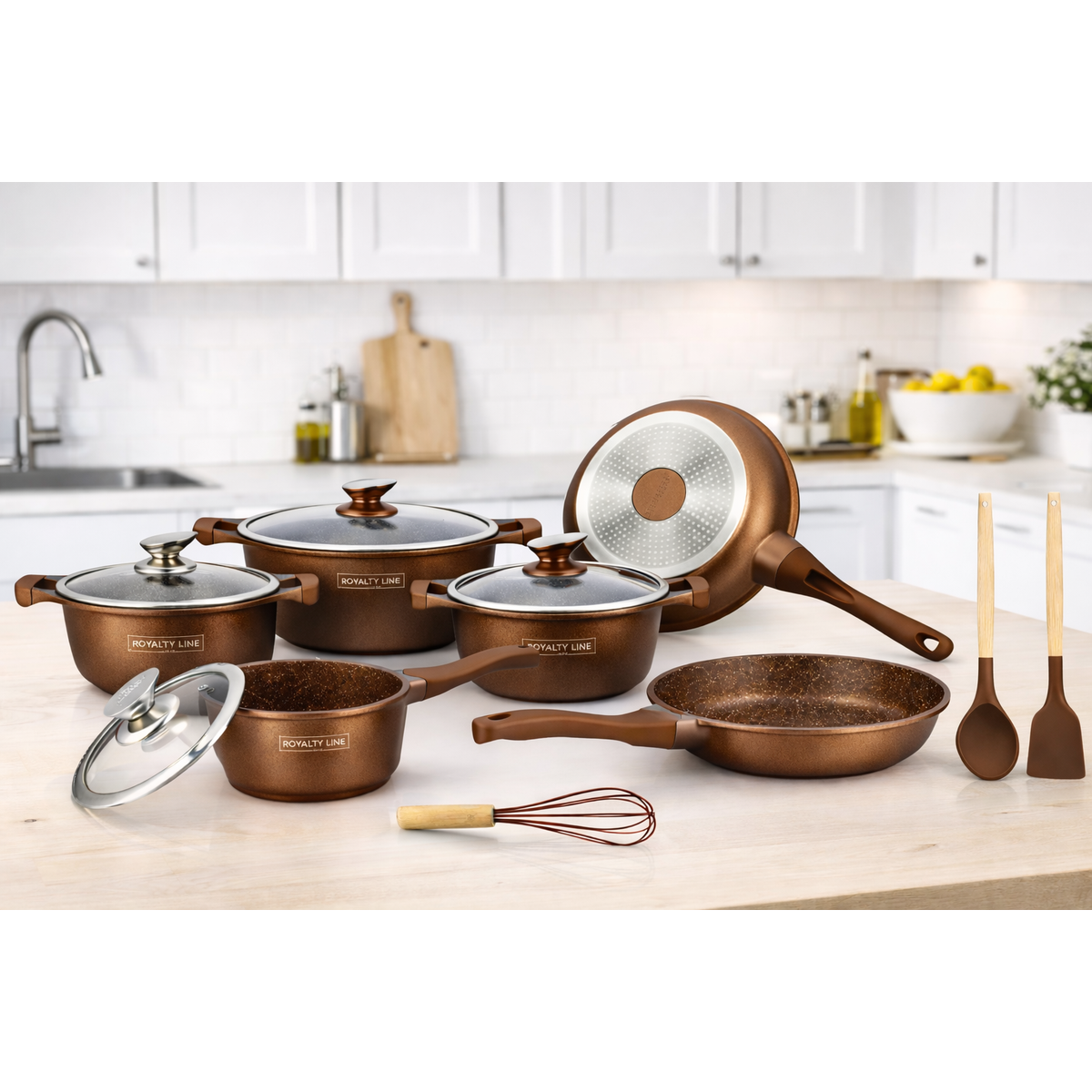 Set Vase de Gatit Royalty Line, 14 Piese, Marmura Antiaderenta, Inductie,Maro