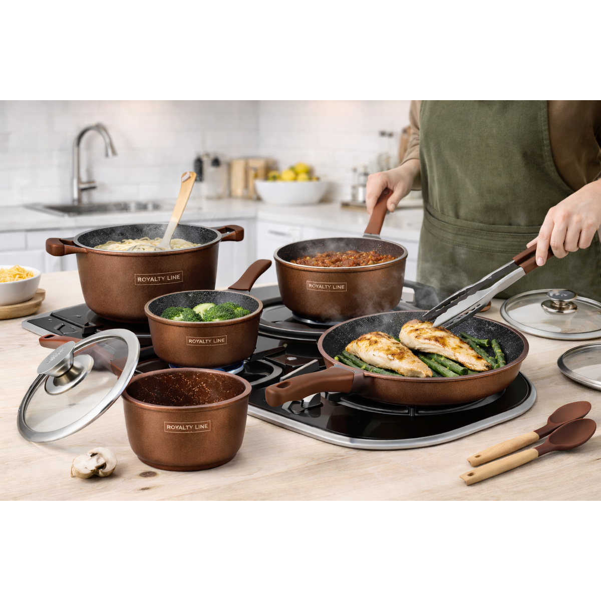 Set Vase de Gatit Royalty Line, 14 Piese, Marmura Antiaderenta, Inductie,Maro