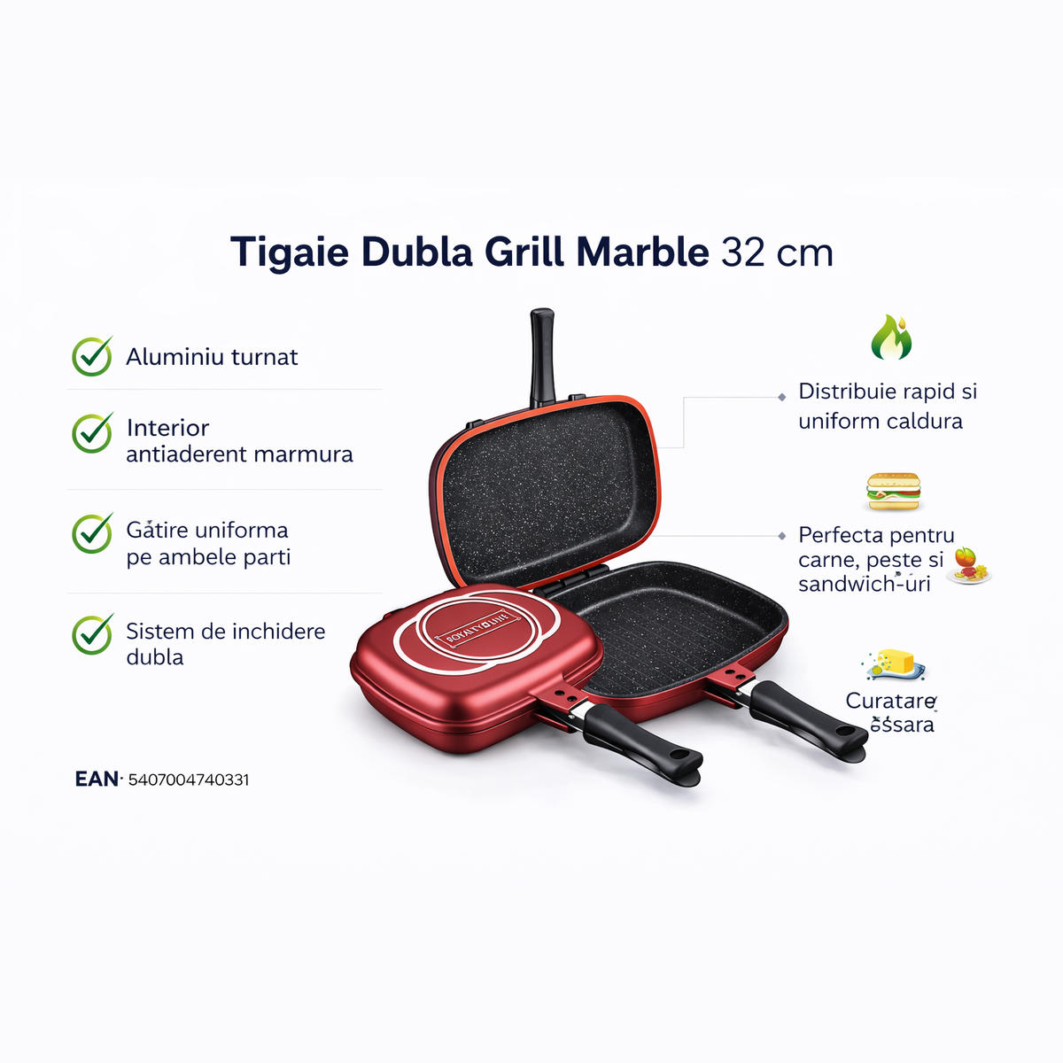 Tigaie Dubla Grill Marble 32 cm, Aluminiu Turnat, Royalty Line