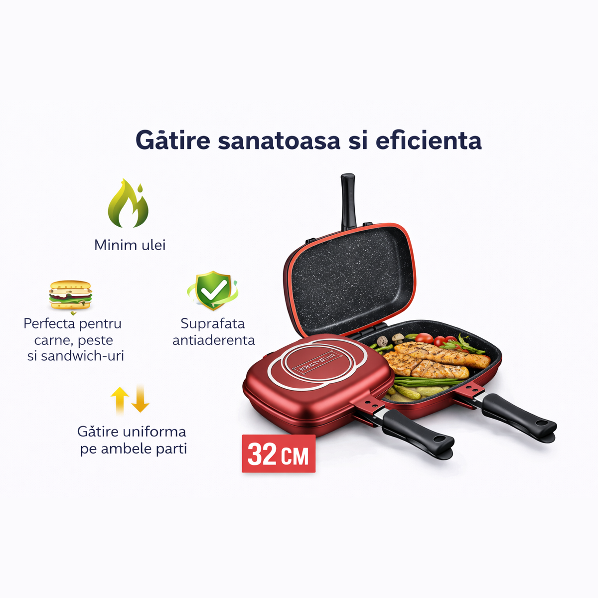 Tigaie Dubla Grill Marble 32 cm, Aluminiu Turnat, Royalty Line