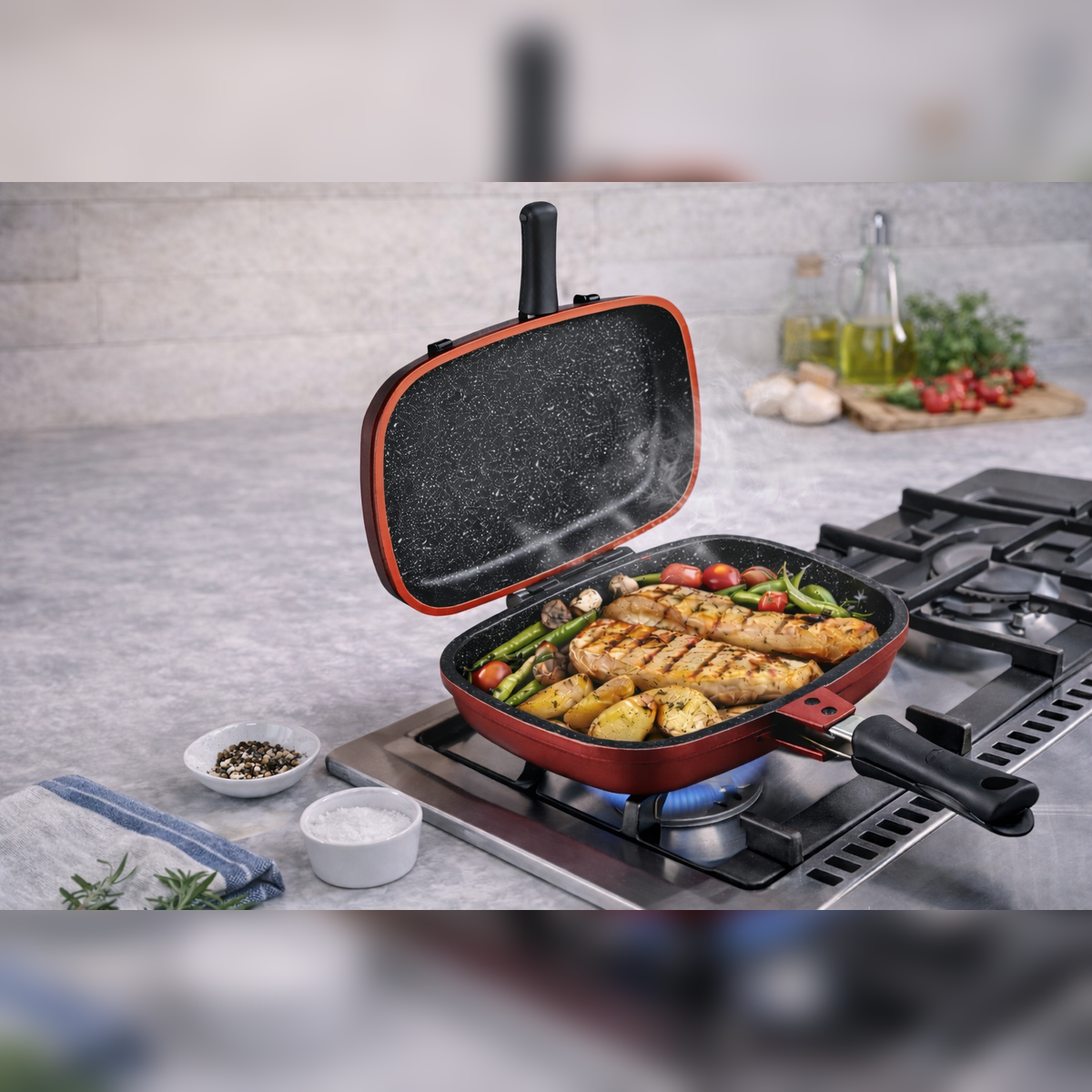 Tigaie Dubla Grill Marble 32 cm, Aluminiu Turnat, Royalty Line