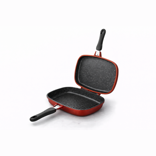Tigaie Grill Dubla 34 cm, Aluminiu Turnat, Marmura Antiaderenta