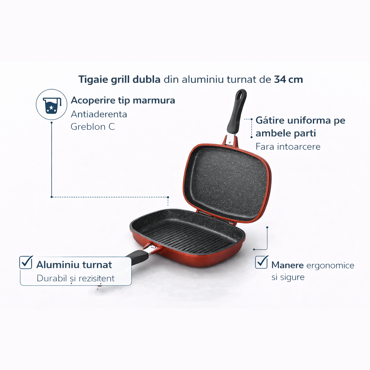 Tigaie Grill Dubla 34 cm, Aluminiu Turnat, Marmura Antiaderenta