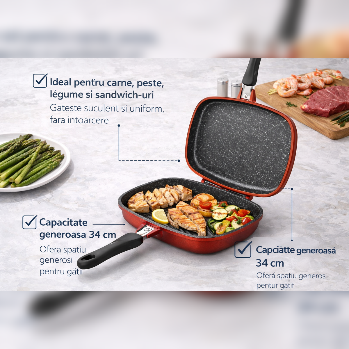 Tigaie Grill Dubla 34 cm, Aluminiu Turnat, Marmura Antiaderenta