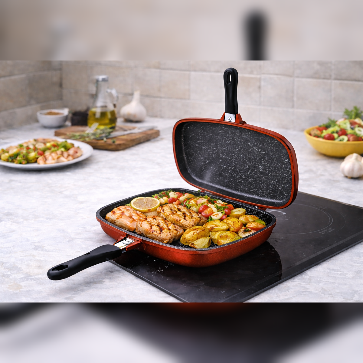 Tigaie Grill Dubla 34 cm, Aluminiu Turnat, Marmura Antiaderenta